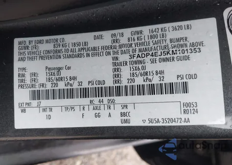 2019 Ford Fiesta Se z USA, uszkodzony, nr VIN 3FADP4EJ5KM101353
